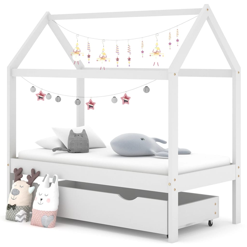 Children's bed frame with one drawer, white, 70x140 cm, solid pine wood