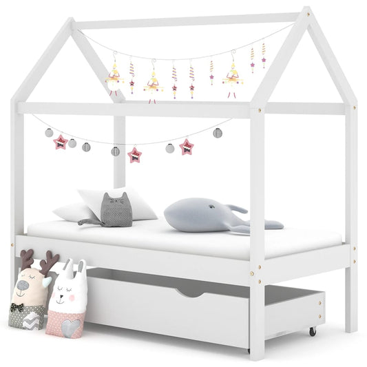 Children's bed frame with one drawer, white, 70x140 cm, solid pine wood