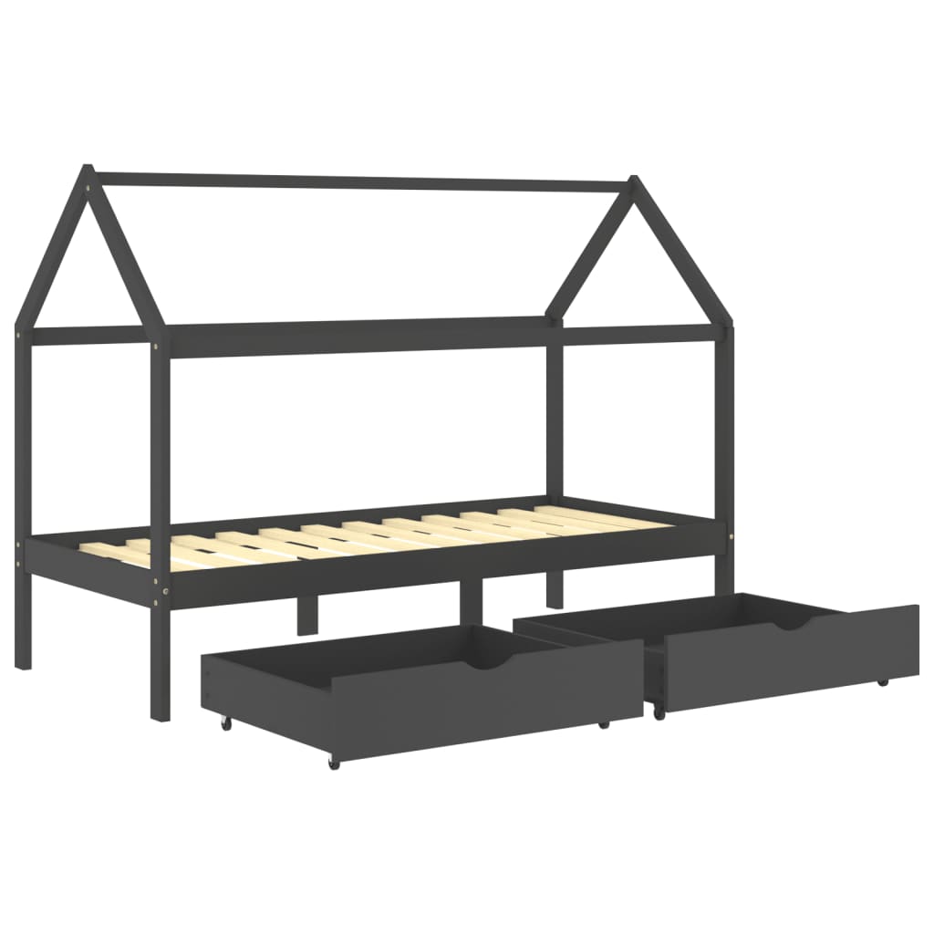 Children's bed frame with dark gray drawers 90x200 cm solid pine wood