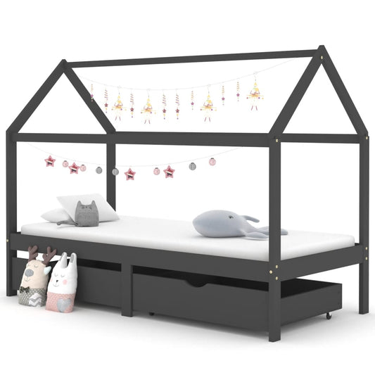 Children's bed frame with dark gray drawers 90x200 cm solid pine wood