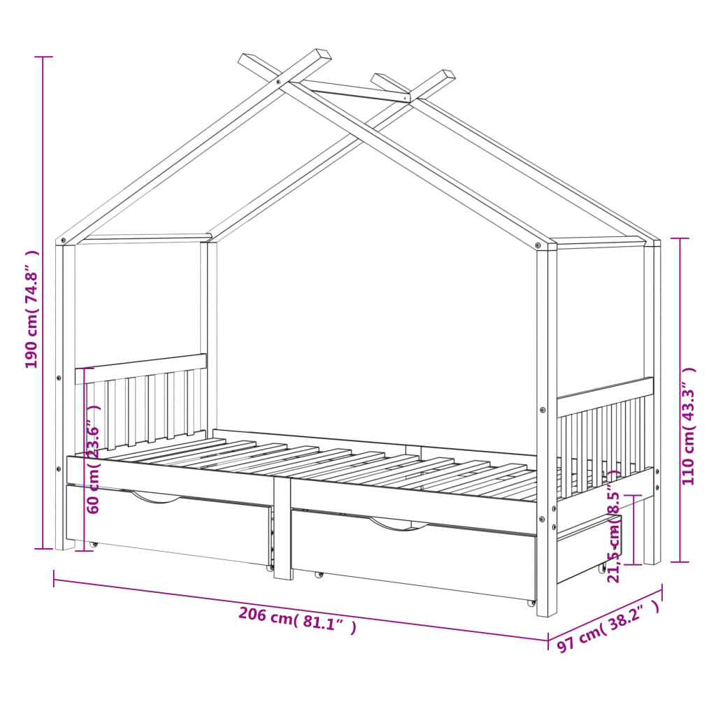 Children's bed frame, with drawers, white, 90x200 cm, solid pine wood