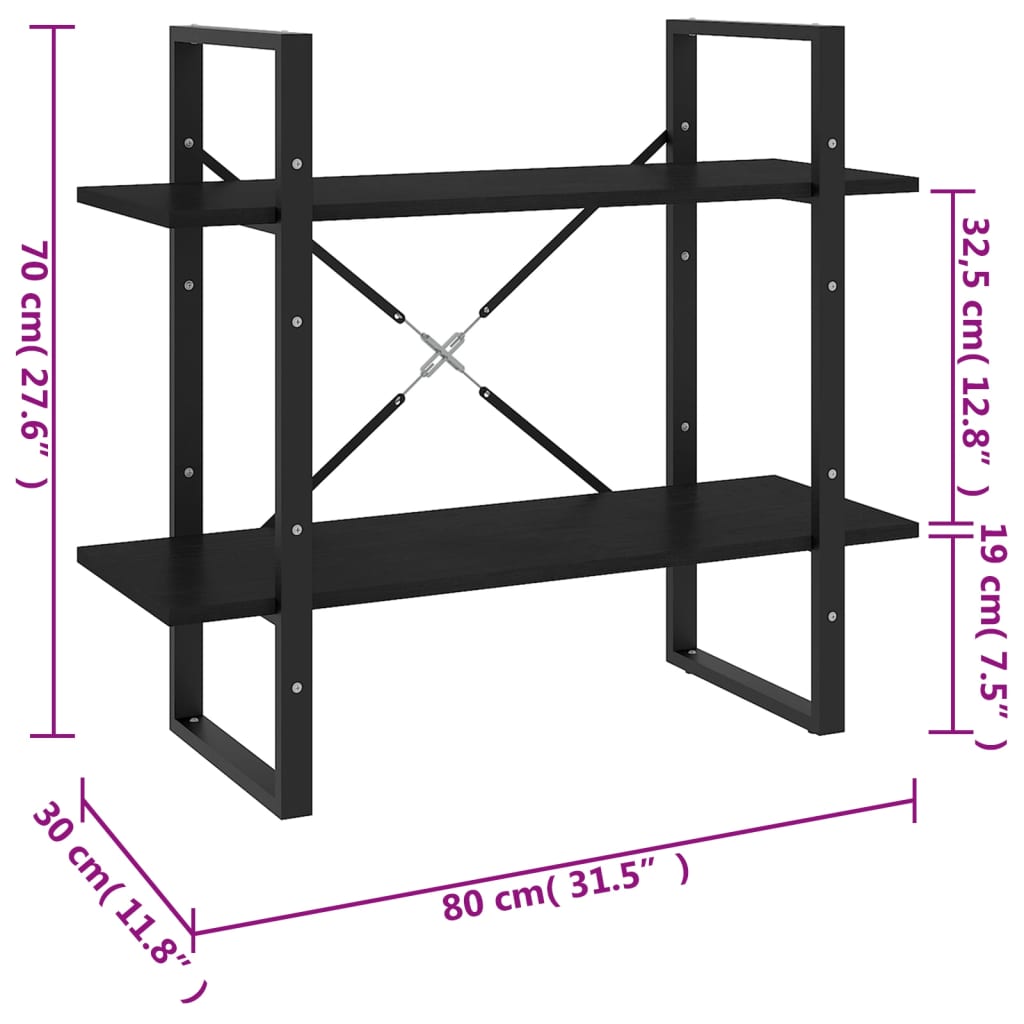 Bibliotecă cu 2 rafturi, negru, 80x30x70 cm, lemn masiv de pin