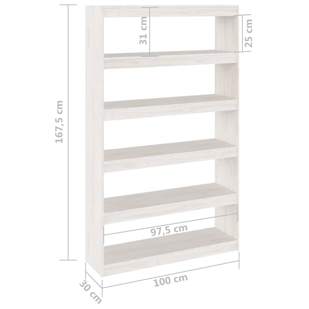 Bibliotecă/Separator cameră, alb 100x30x167,5 cm lemn masiv pin