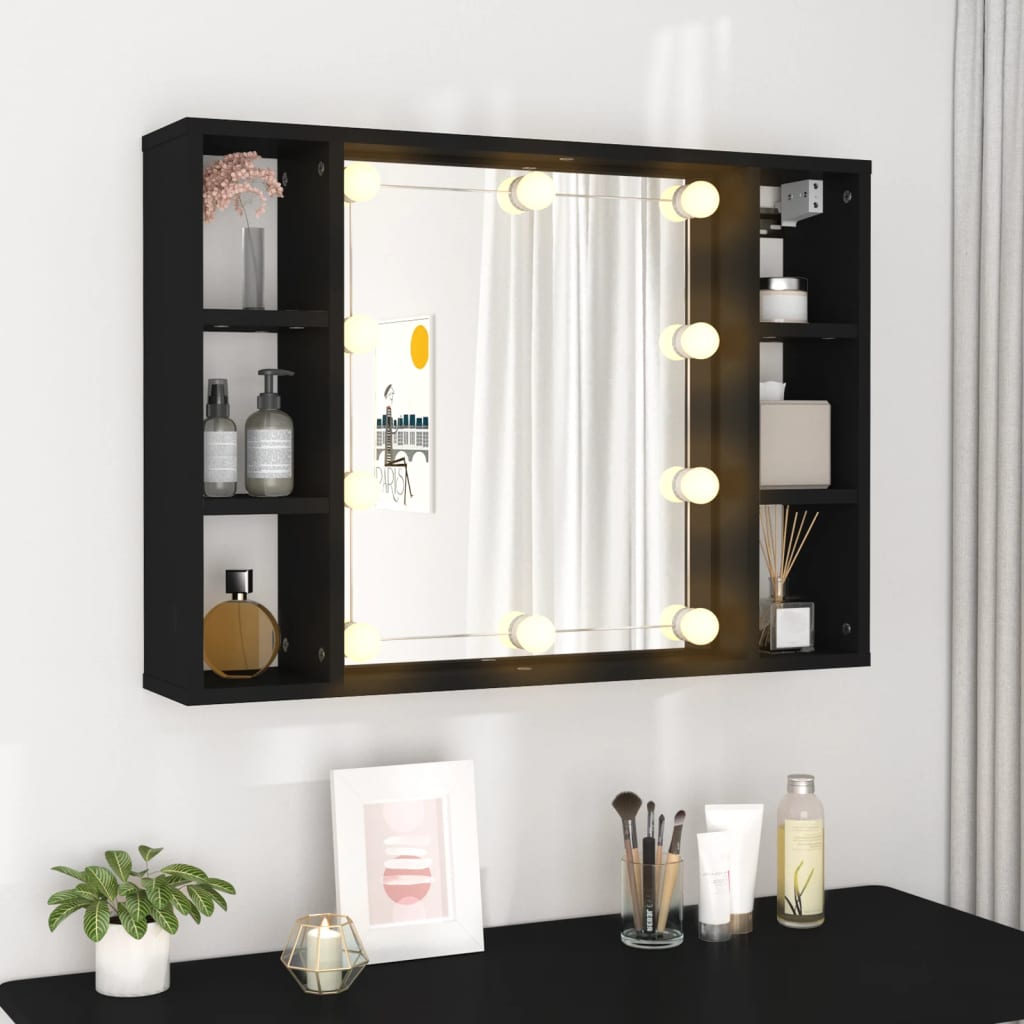 Cabinet with mirror and LED, black, 76x15x55 cm