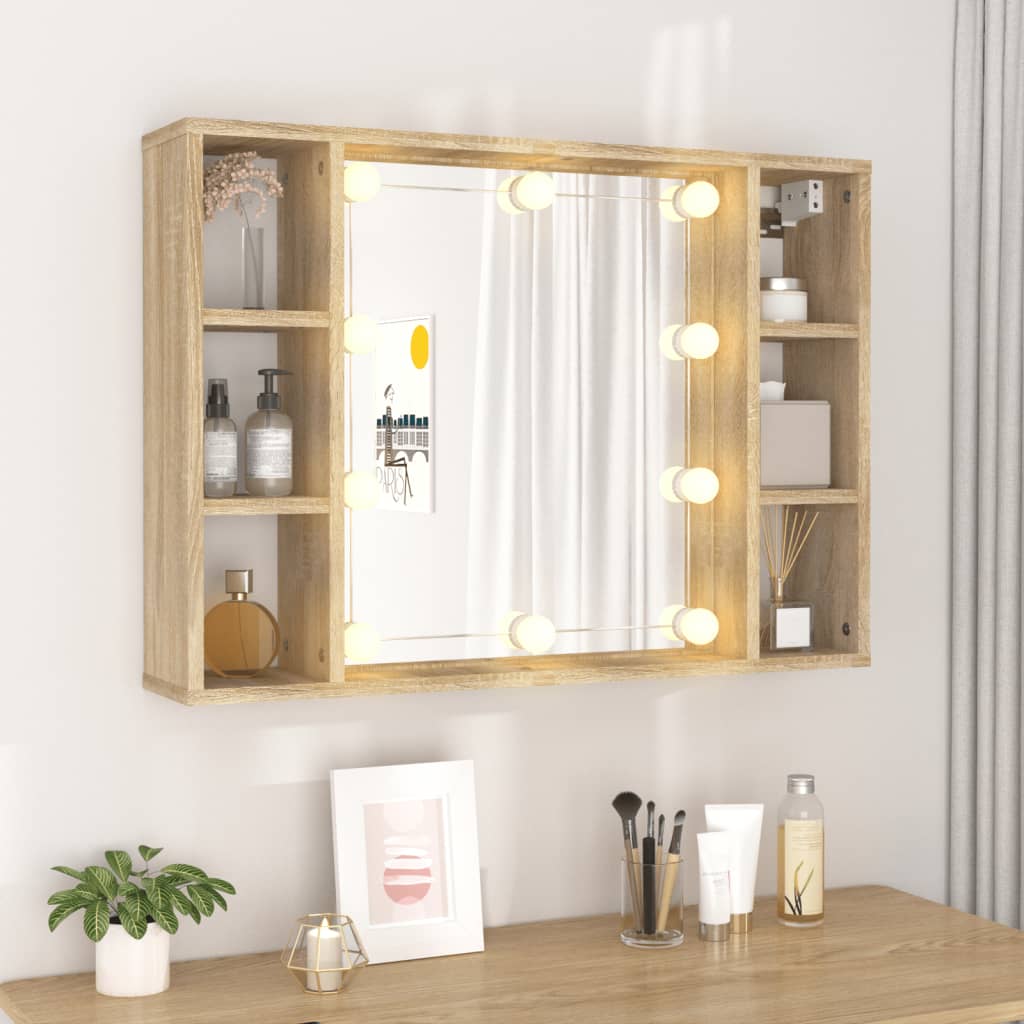 Cabinet with mirror and LED, sonoma oak, 76x15x55 cm