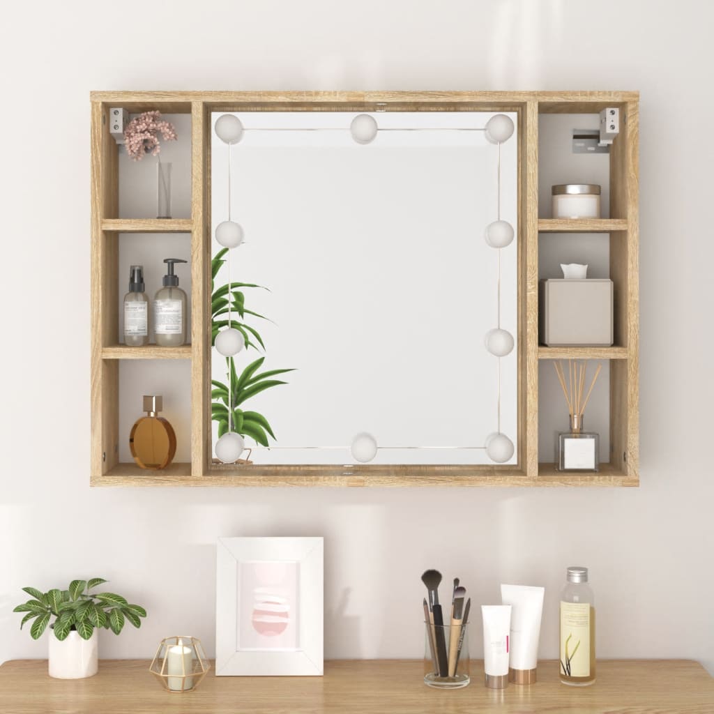 Cabinet with mirror and LED, sonoma oak, 76x15x55 cm
