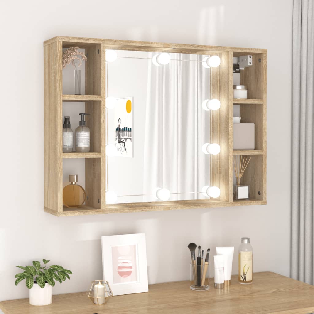 Cabinet with mirror and LED, sonoma oak, 76x15x55 cm