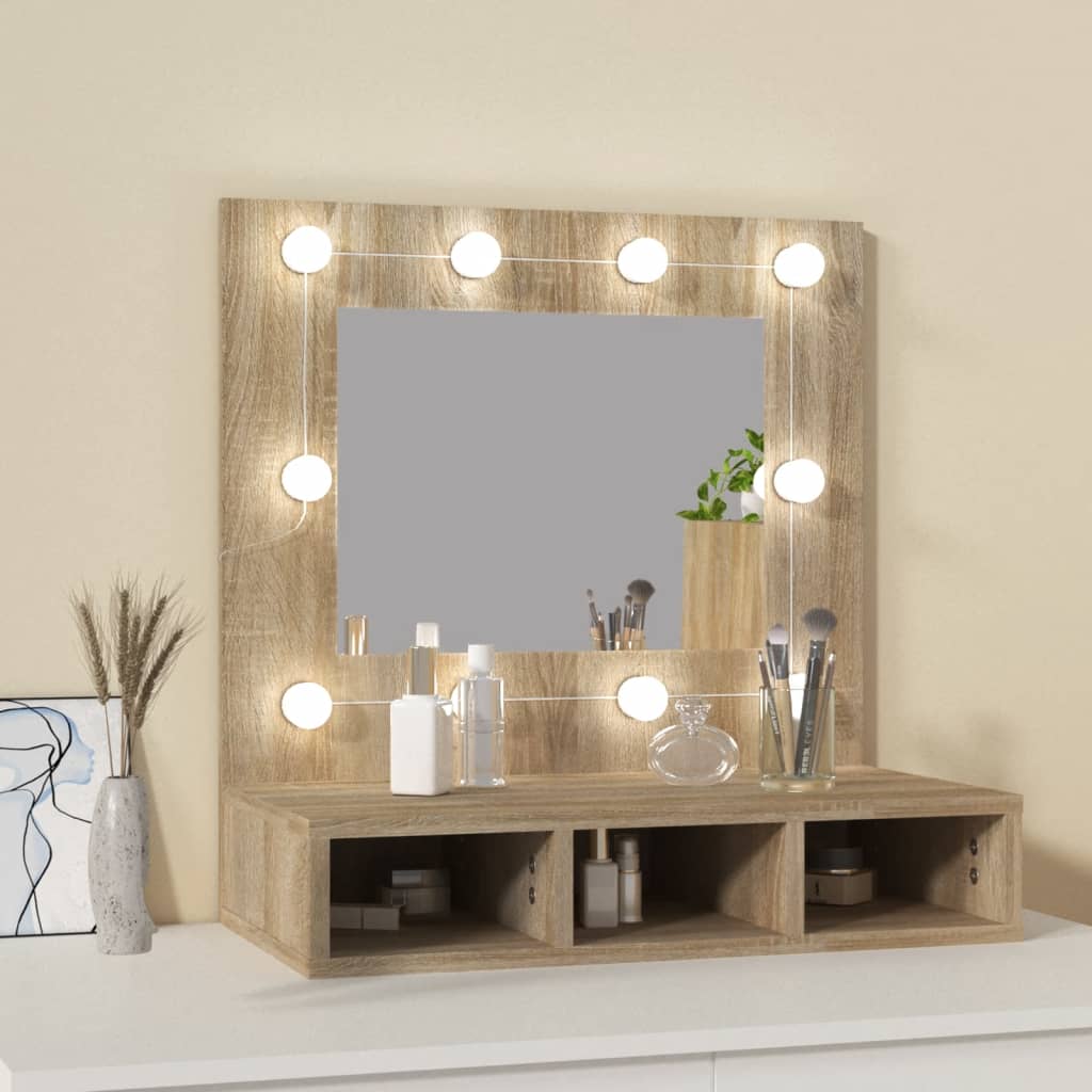Cabinet with mirror and LED, sonoma oak, 60x31.5x62 cm