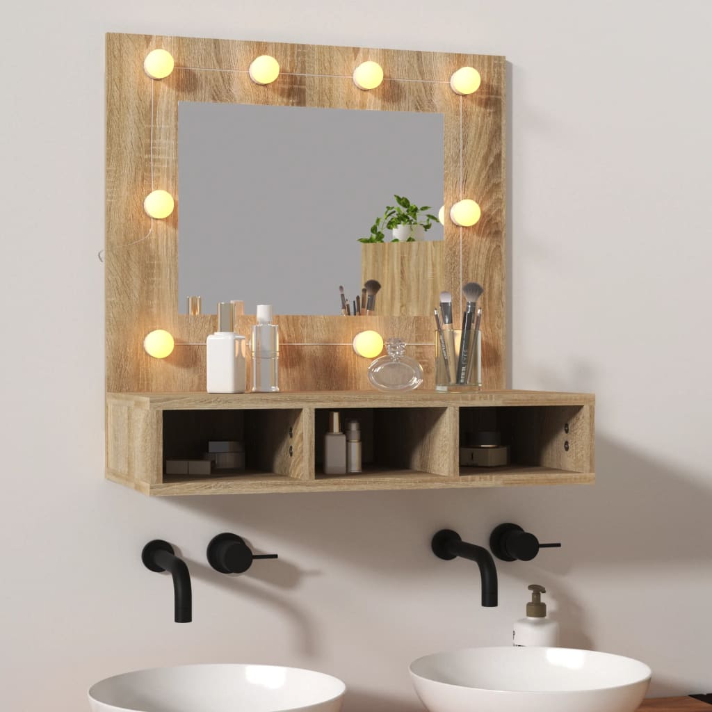 Cabinet with mirror and LED, sonoma oak, 60x31.5x62 cm