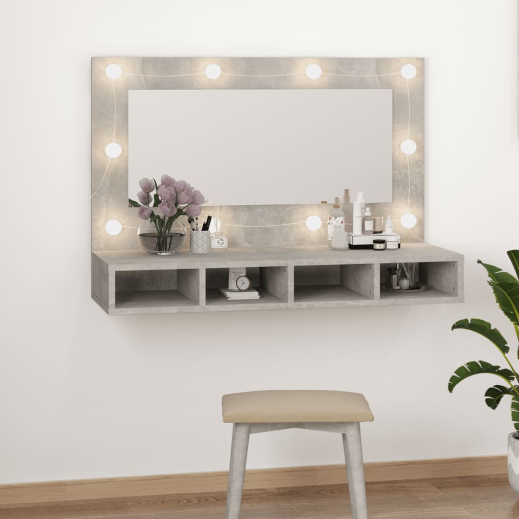 Cabinet with mirror and LED, concrete grey, 90x31.5x62 cm