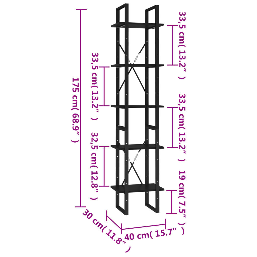 Bibliotecă cu 5 rafturi, negru, 40x30x175 cm, lemn prelucrat