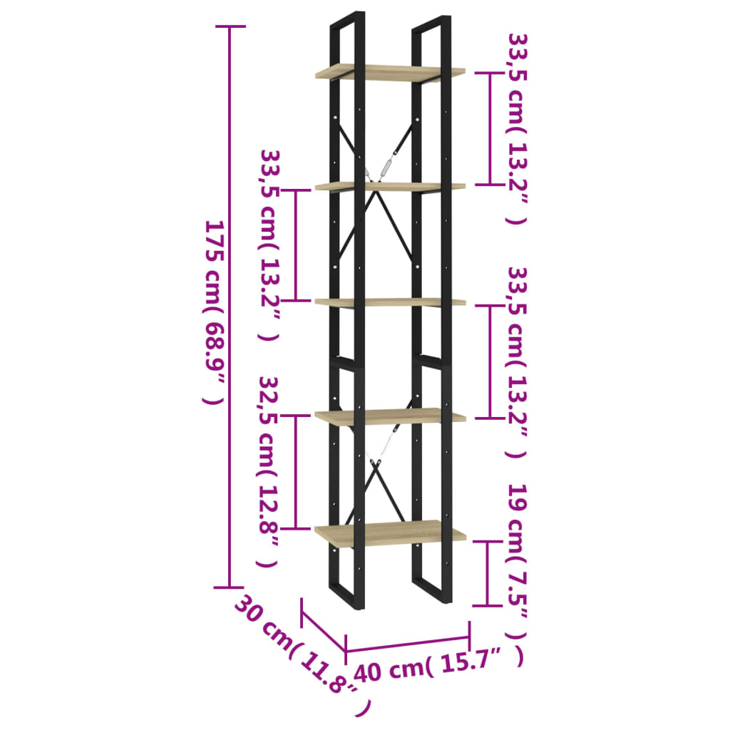 Bibliotecă 5 rafturi stejar sonoma 40x30x175 cm, lemn prelucrat
