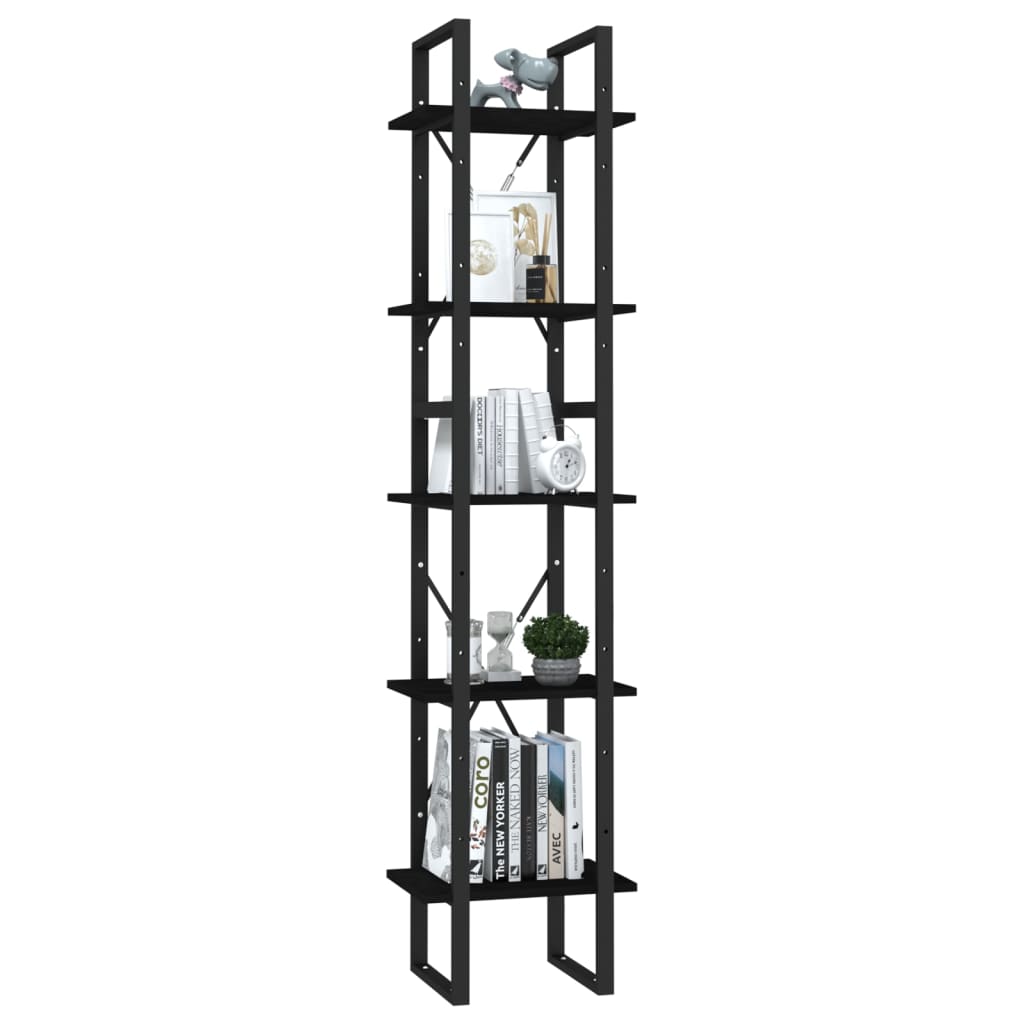 Bibliotecă cu 5 rafturi, negru, 40x30x175 cm, lemn de pin