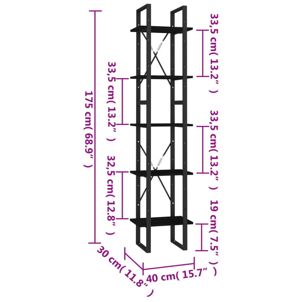 Bibliotecă cu 5 rafturi, negru, 40x30x175 cm, lemn de pin
