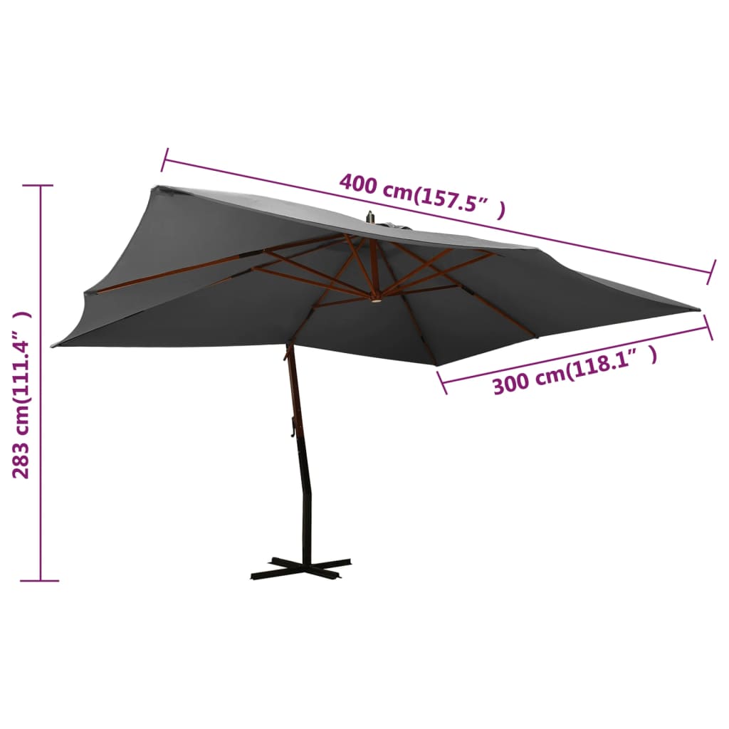 Umbrelă în consolă cu stâlp din lemn, antracit, 400 x 300 cm
