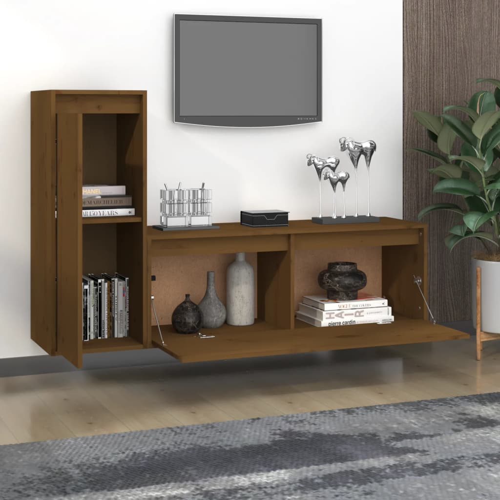 TV chests, 2 pcs., honey brown, solid pine wood