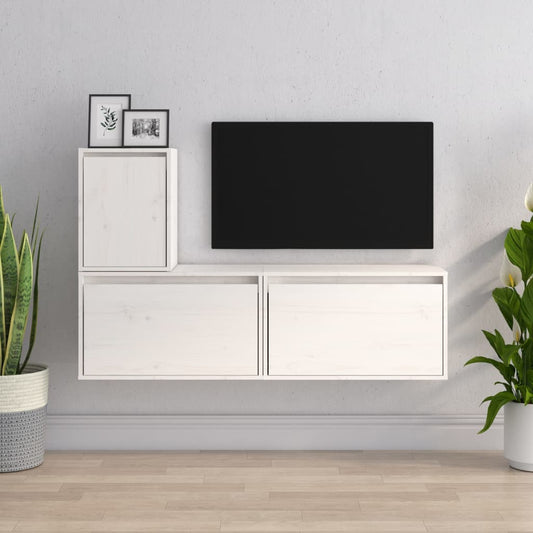 Comode TV, 3 buc., alb, lemn masiv de pin