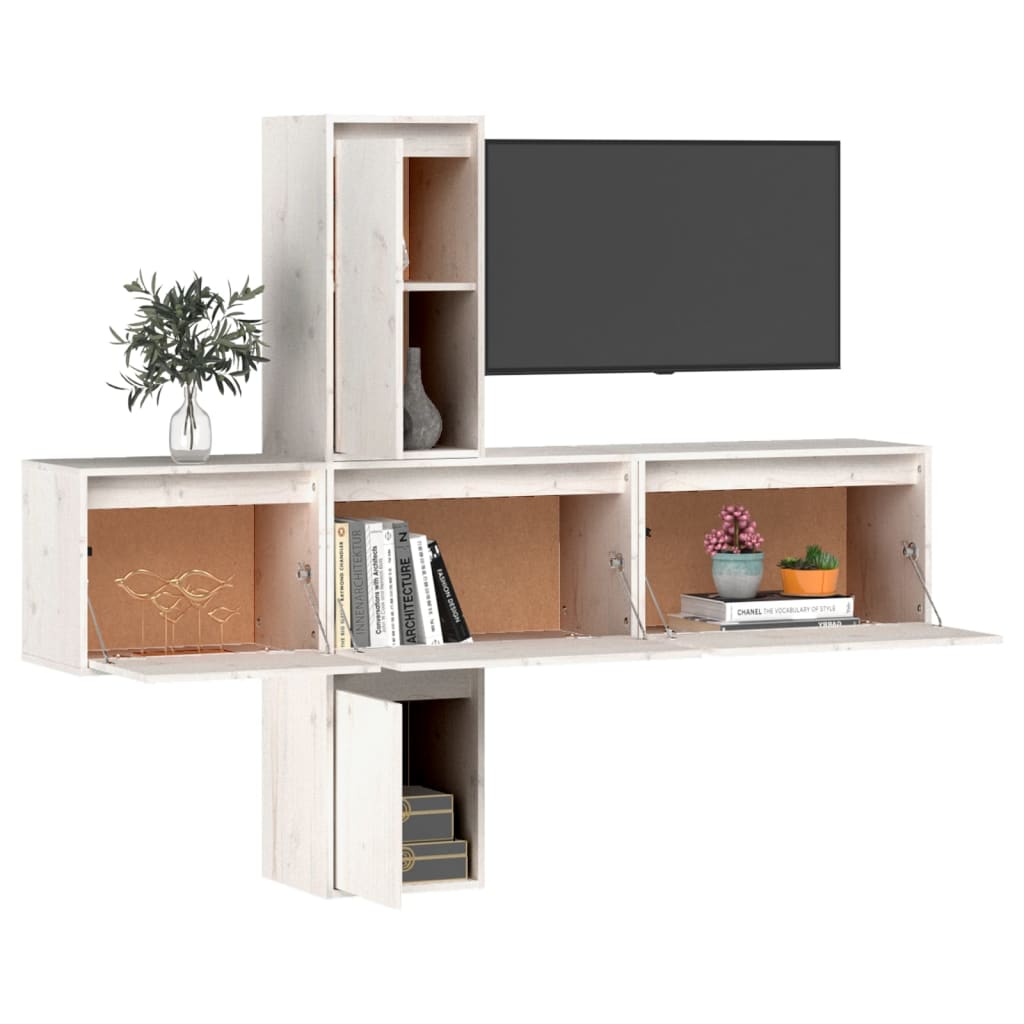 Comode TV, 5 buc., alb, lemn masiv de pin