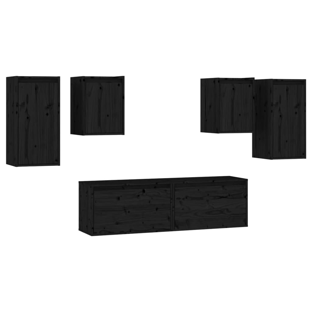 TV chests, black, 6 pcs., solid pine wood