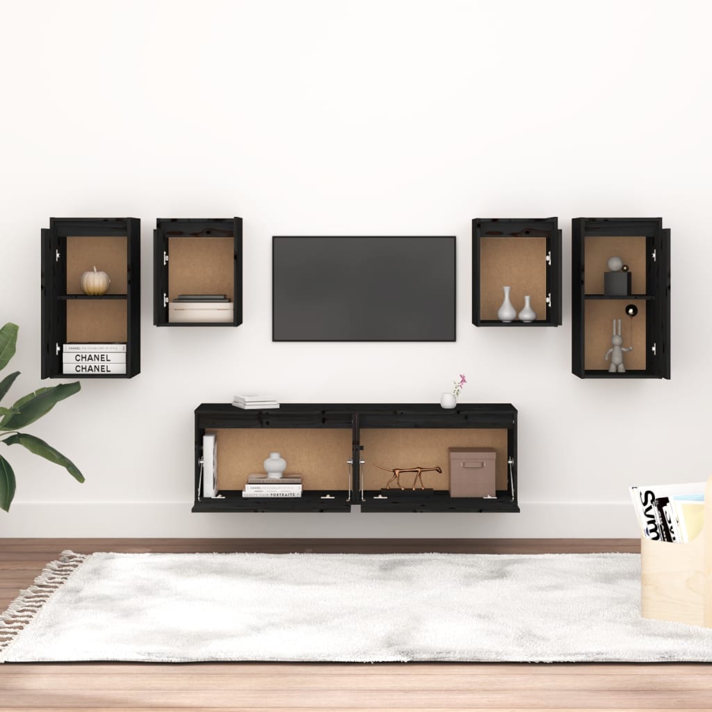 TV chests, black, 6 pcs., solid pine wood