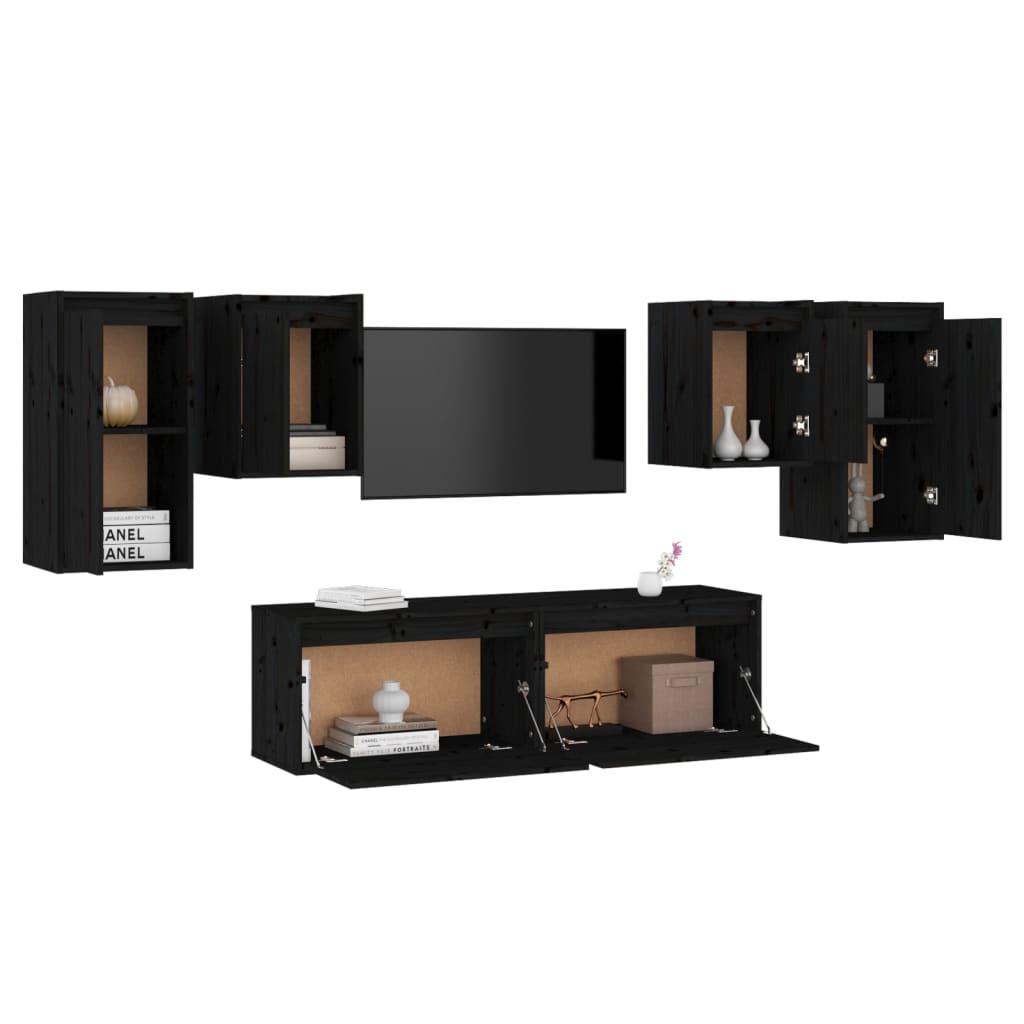 TV chests, black, 6 pcs., solid pine wood