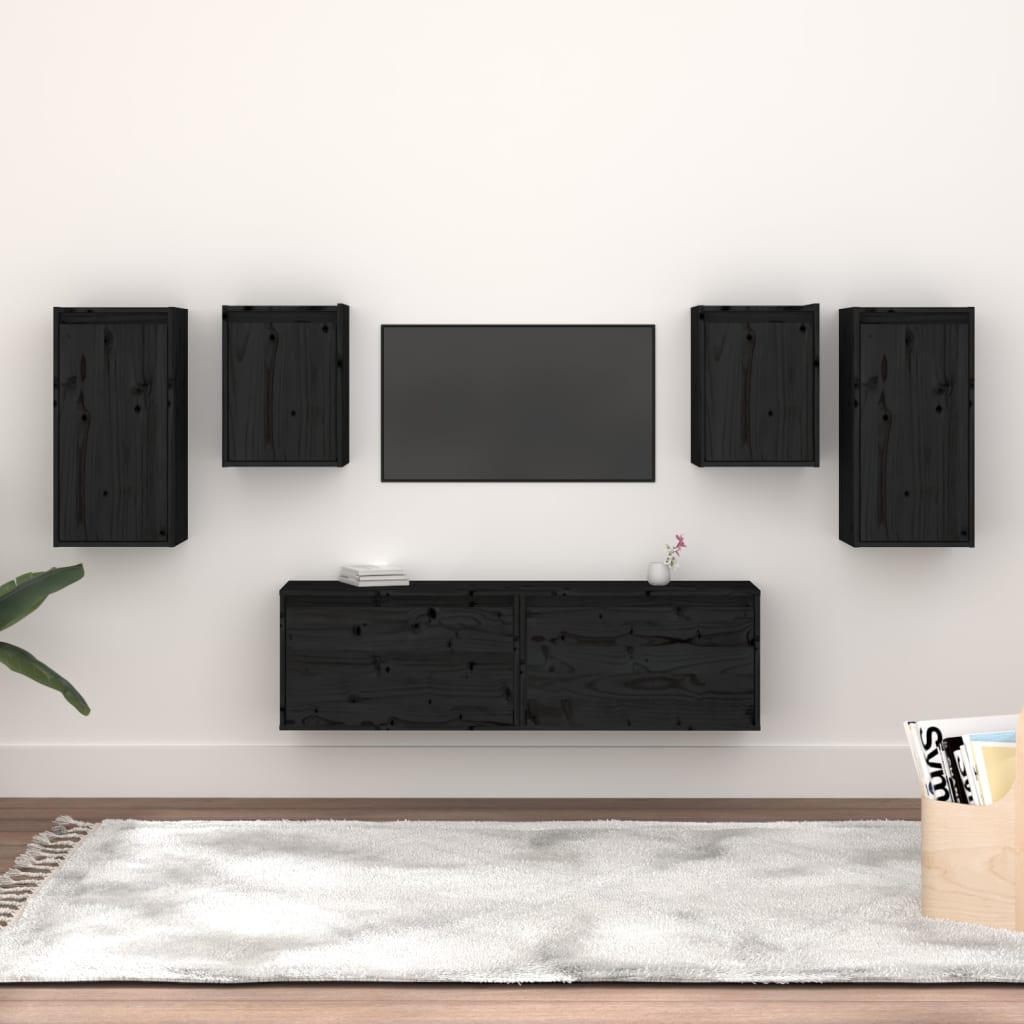 TV chests, black, 6 pcs., solid pine wood