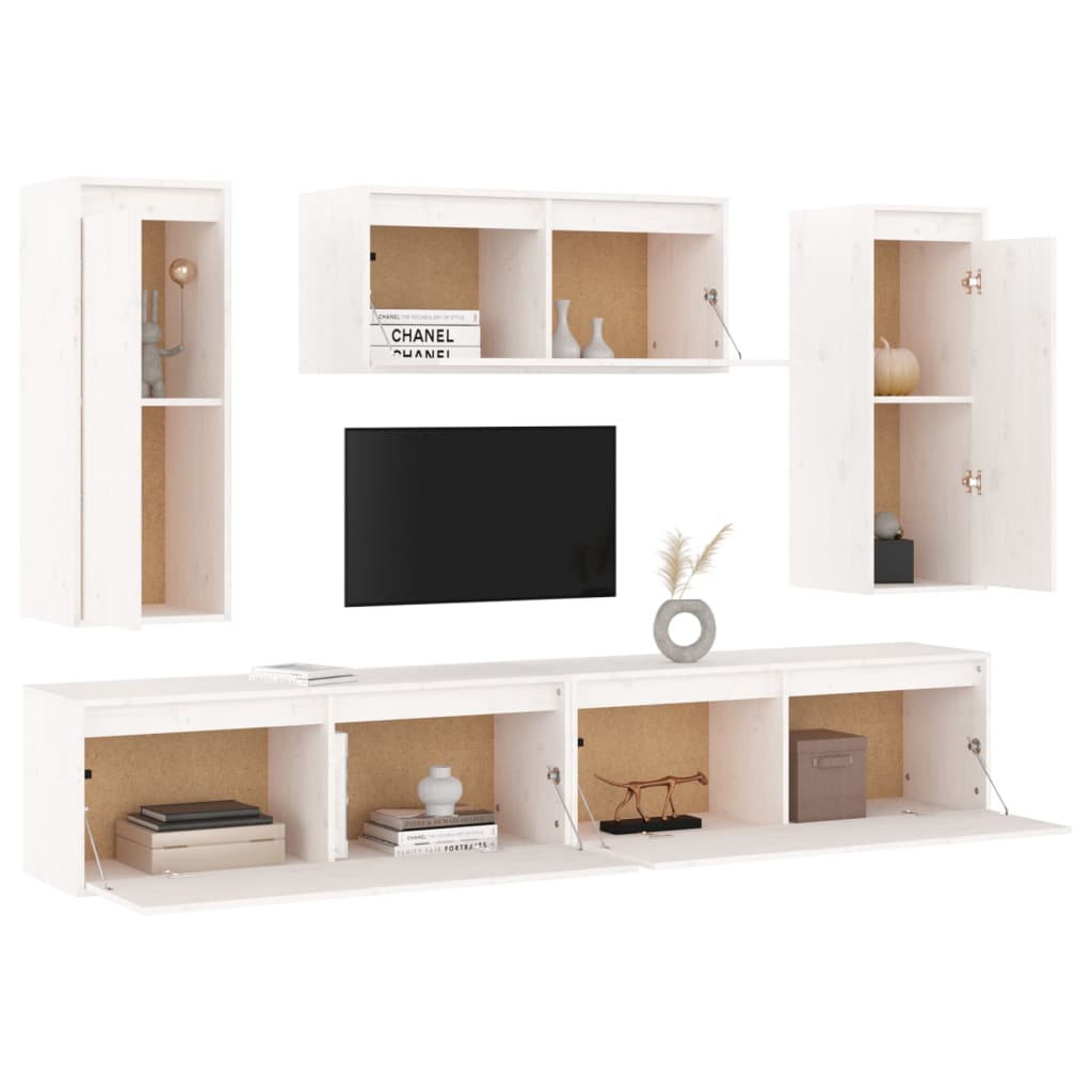 Comode TV, alb, 5 buc., lemn masiv de pin