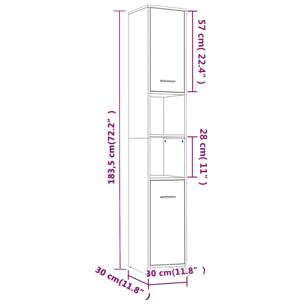Bathroom cabinet, smoky oak, 30x30x183.5 cm, processed wood