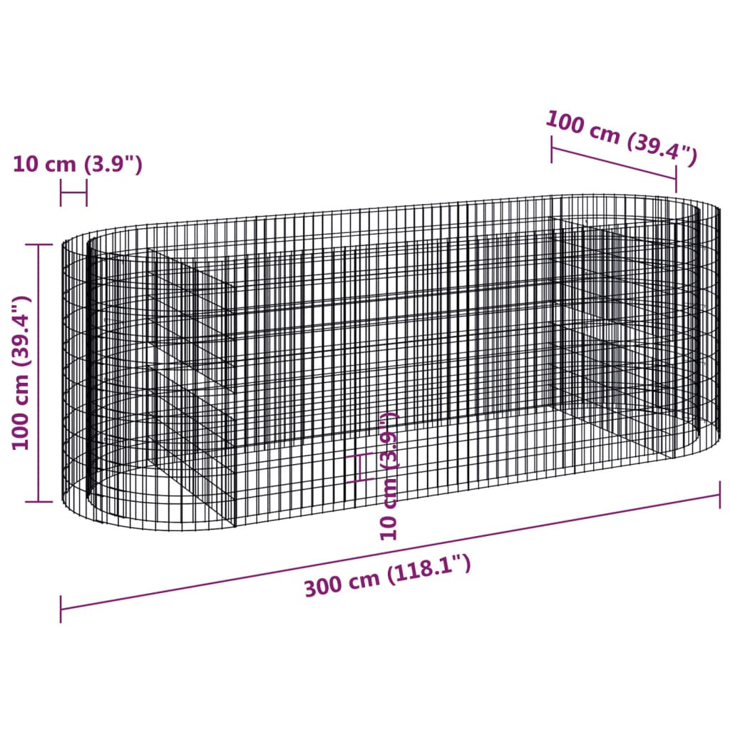 Strat înălțat gabion, 300x100x100 cm, fier galvanizat