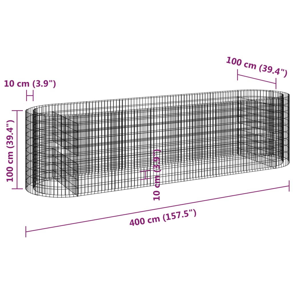 Strat înălțat gabion, 400x100x100 cm, fier galvanizat