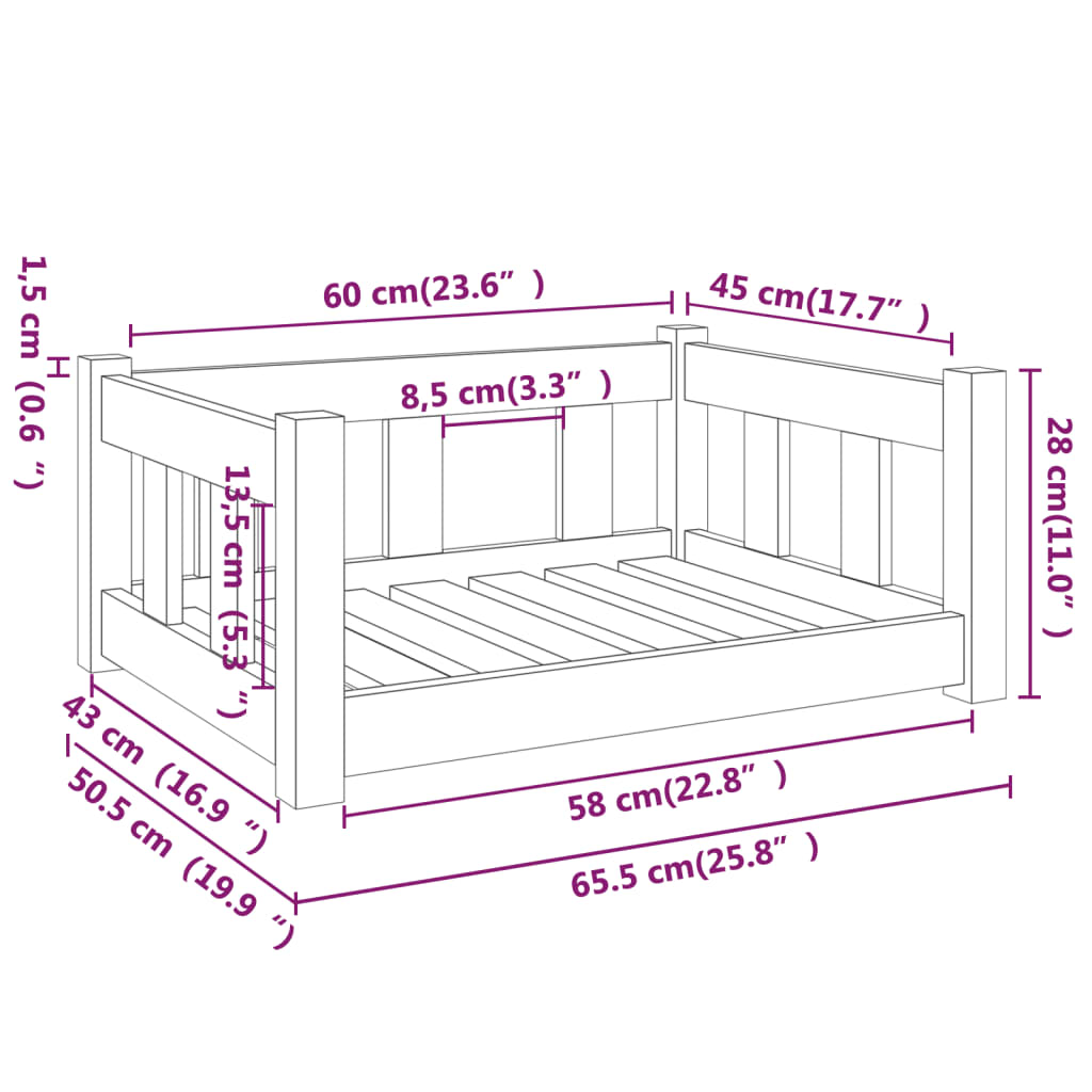 Dog bed, black, 65.5x50.5x28 cm, solid pine wood