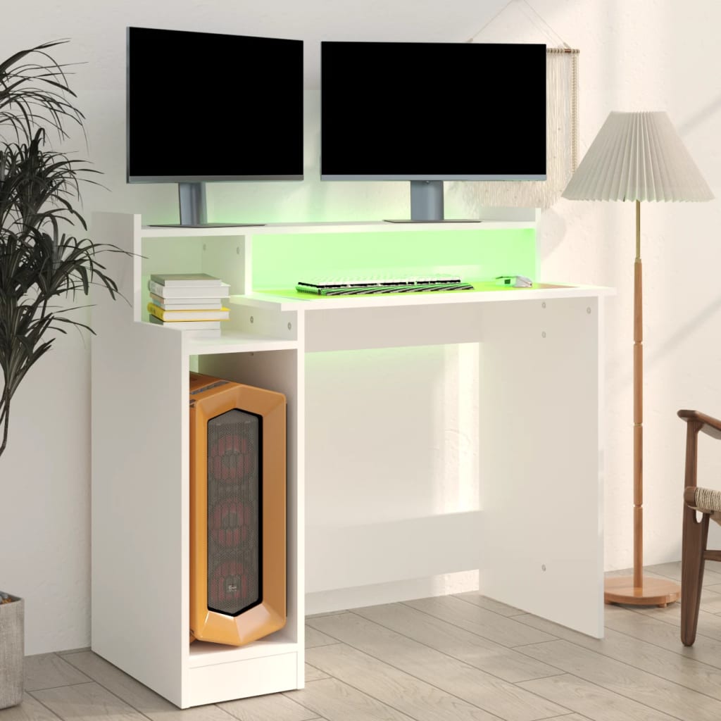 Desk with LED lights, white, 97x90x45 cm composite wood