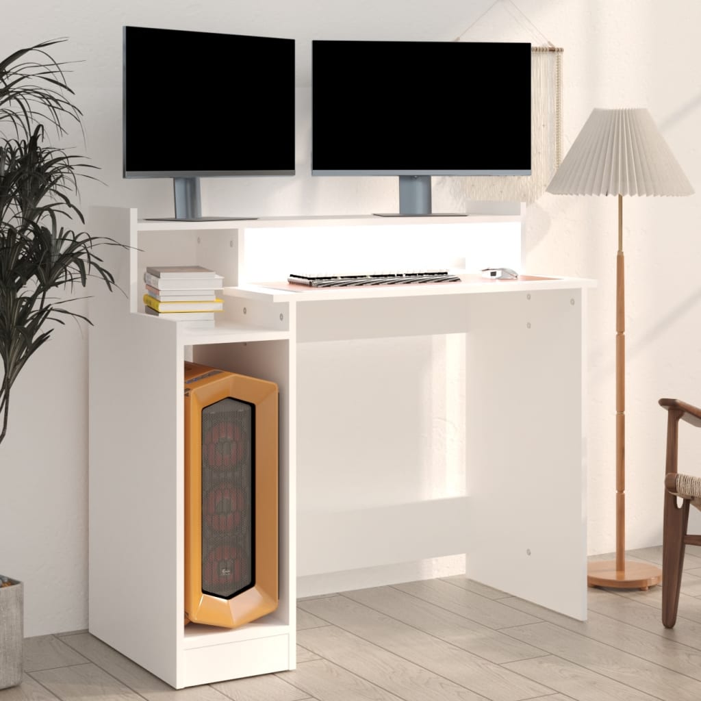 Desk with LED lights, white, 97x90x45 cm composite wood