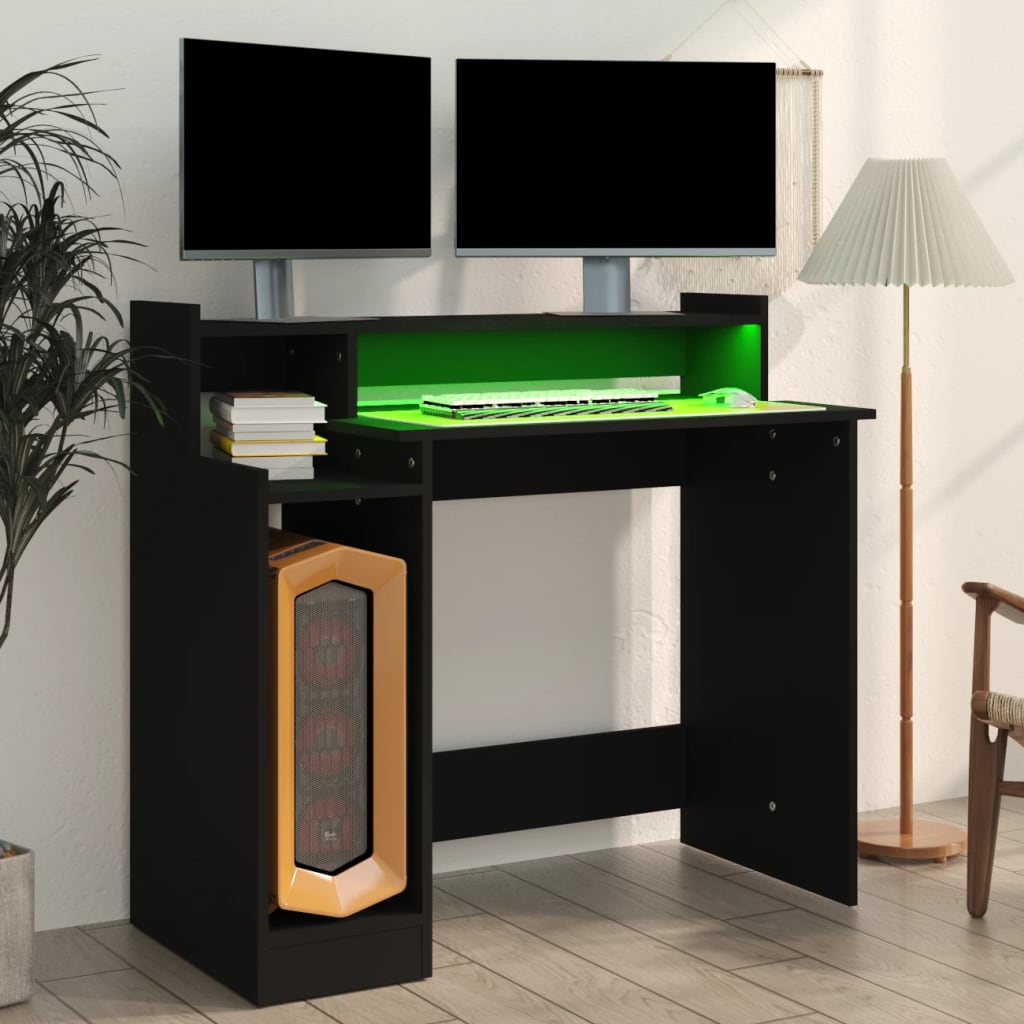 Desk with LED lights, black, 97x45x90 cm, processed wood