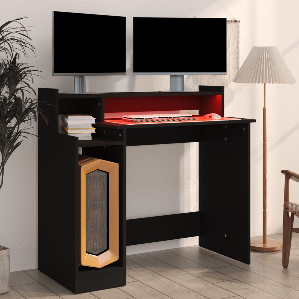 Desk with LED lights, black, 97x45x90 cm, processed wood
