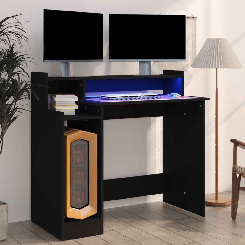 Desk with LED lights, black, 97x45x90 cm, processed wood