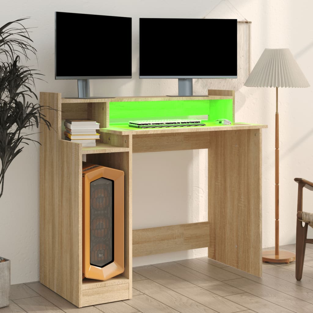 Desk with LED lights, sonoma oak, 97x90x45 cm, composite wood