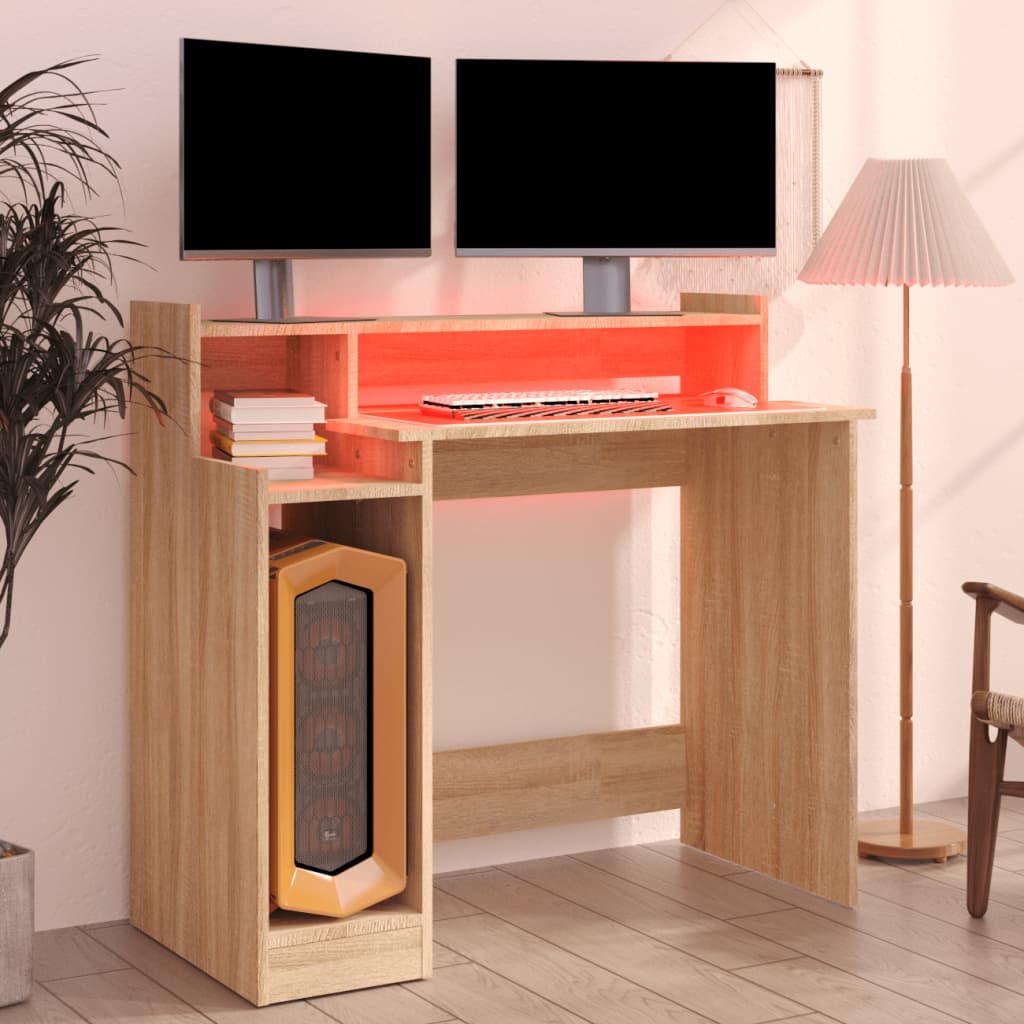 Desk with LED lights, sonoma oak, 97x90x45 cm, composite wood