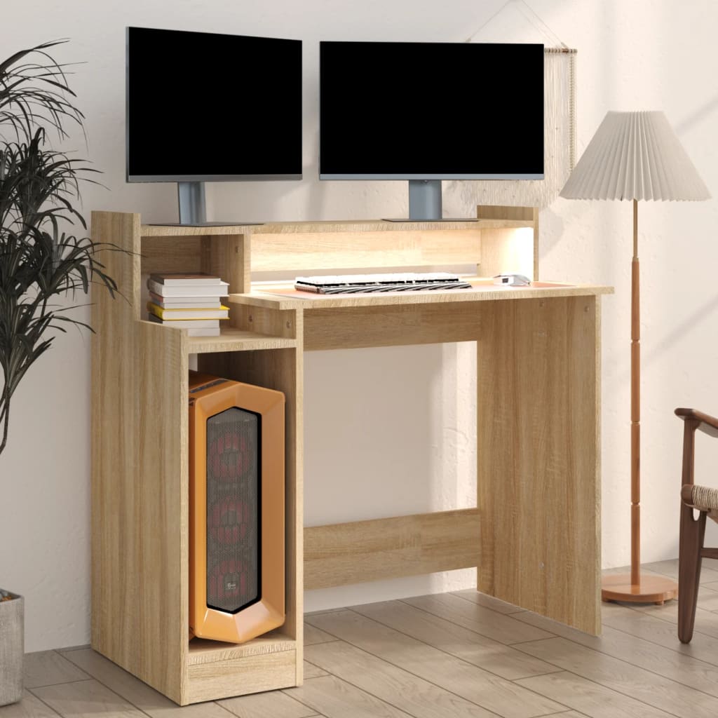 Desk with LED lights, sonoma oak, 97x90x45 cm, composite wood