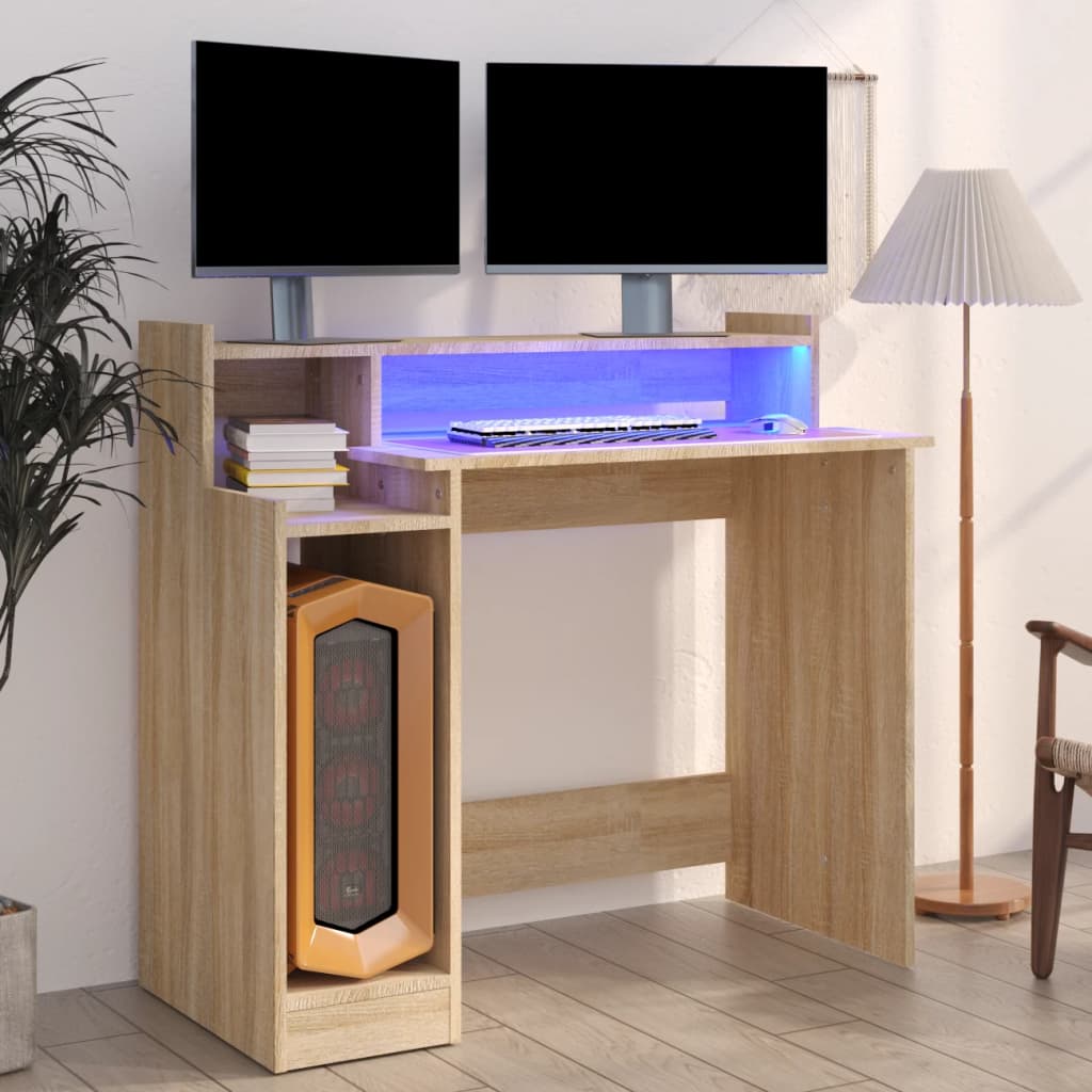 Desk with LED lights, sonoma oak, 97x90x45 cm, composite wood