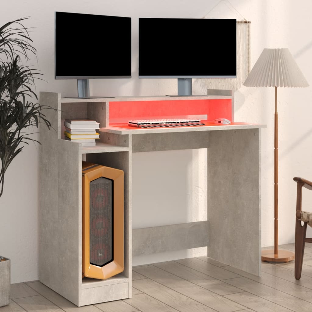 Desk with LED lights, concrete gray, 97x90x45 cm, composite wood