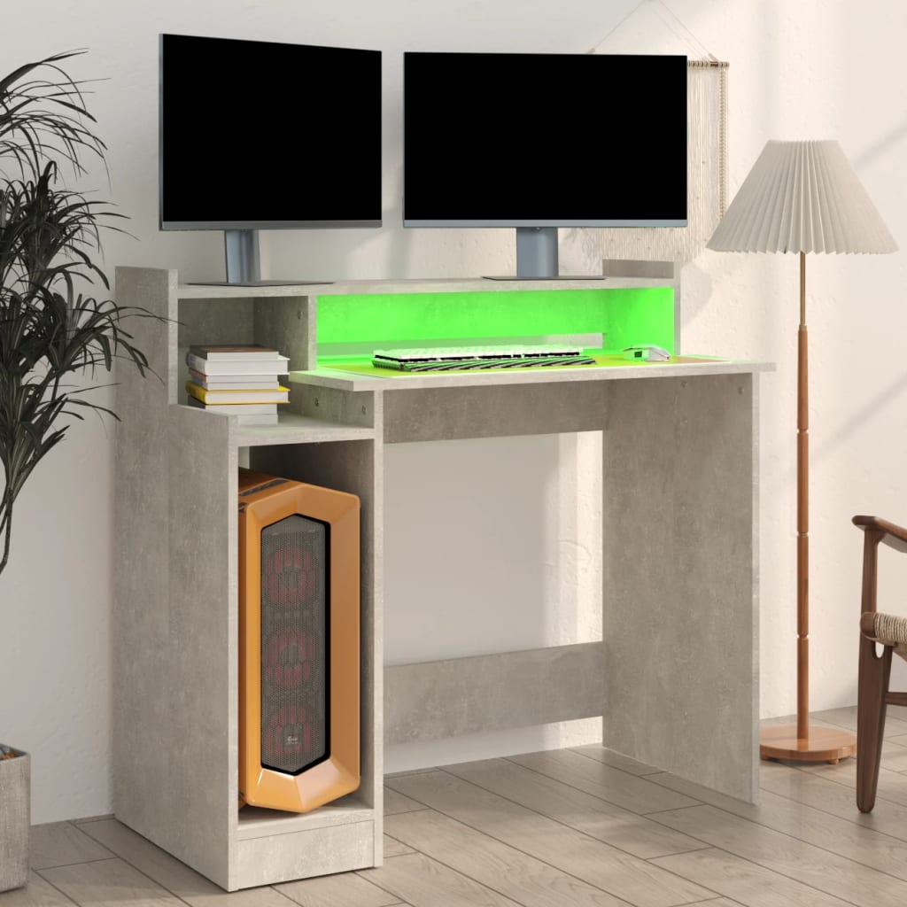 Desk with LED lights, concrete gray, 97x90x45 cm, composite wood