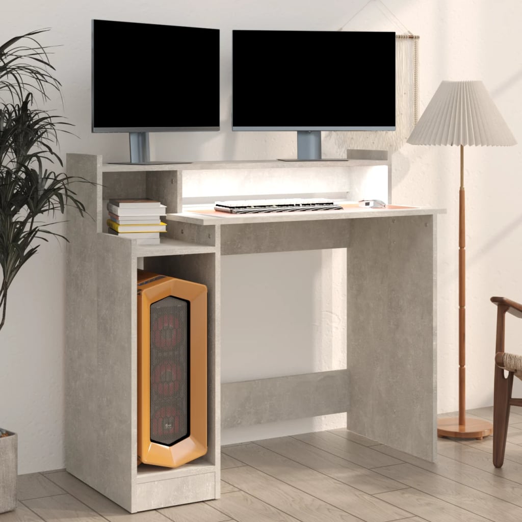 Desk with LED lights, concrete gray, 97x90x45 cm, composite wood