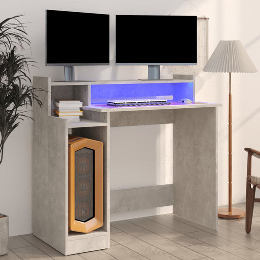Desk with LED lights, concrete gray, 97x90x45 cm, composite wood
