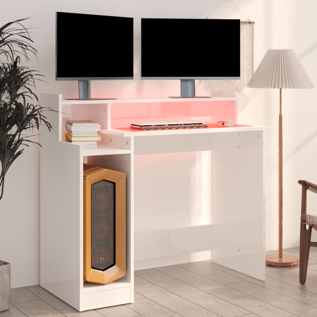 Desk with extra-glossy white LED lights 97x90x45 cm composite wood