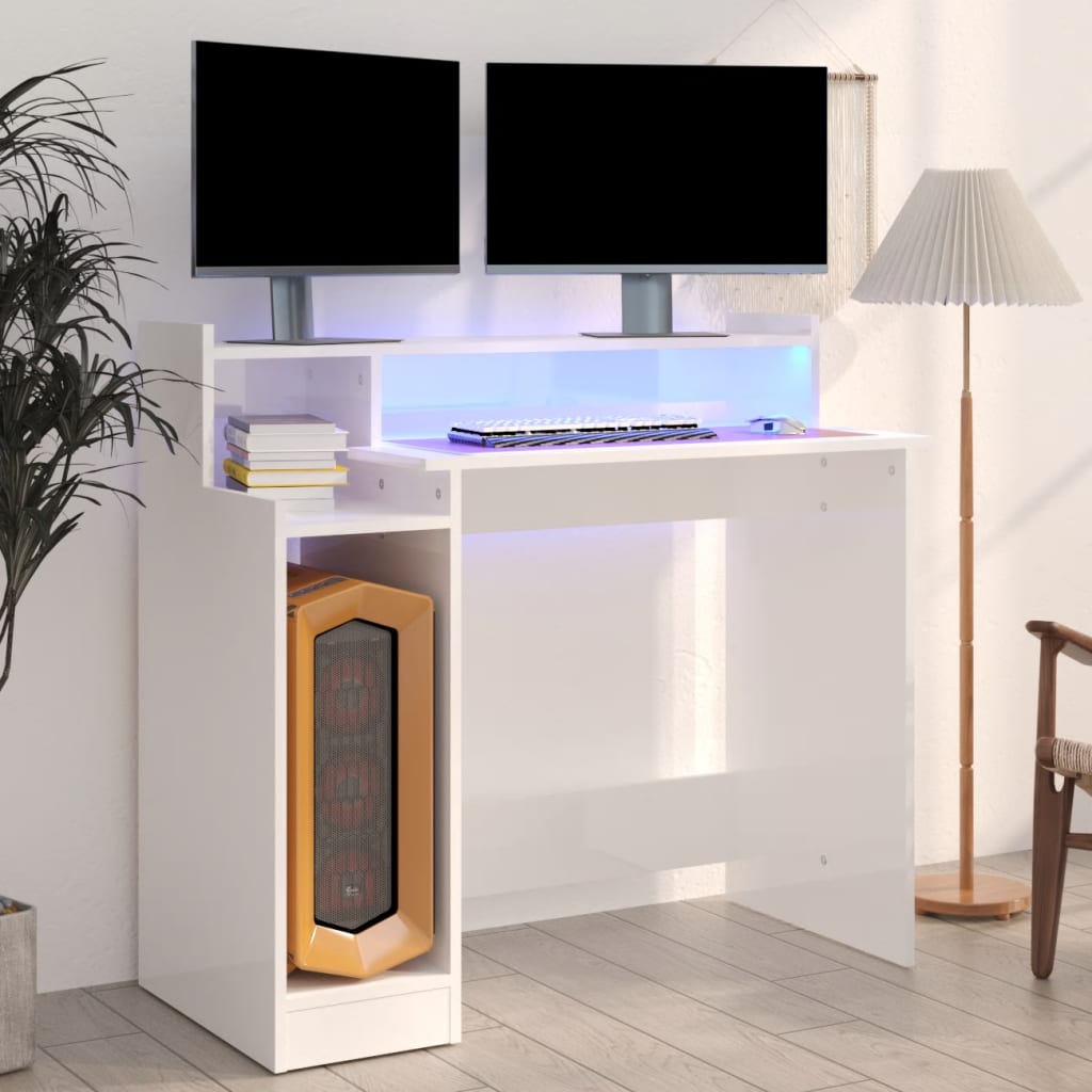 Desk with extra-glossy white LED lights 97x90x45 cm composite wood