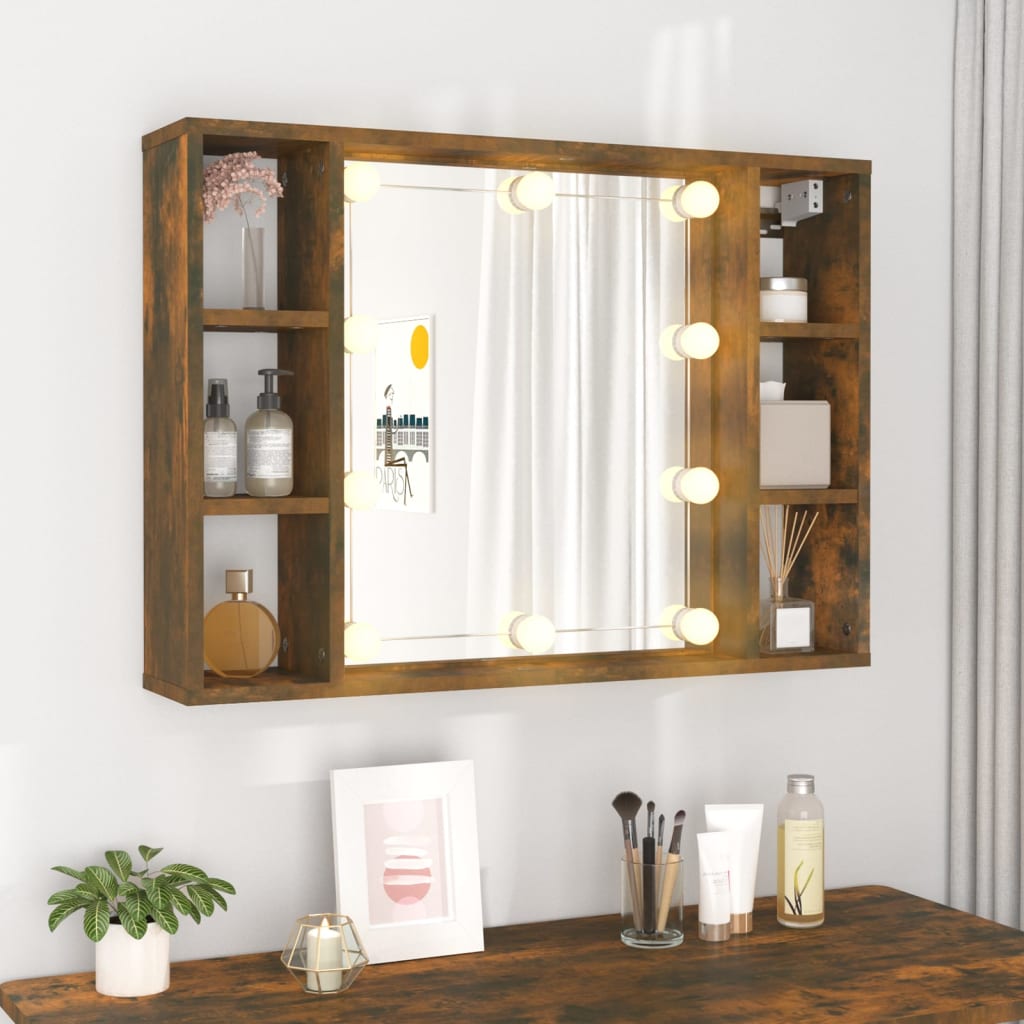 Cabinet with mirror and LED, smoky oak, 76x15x55 cm