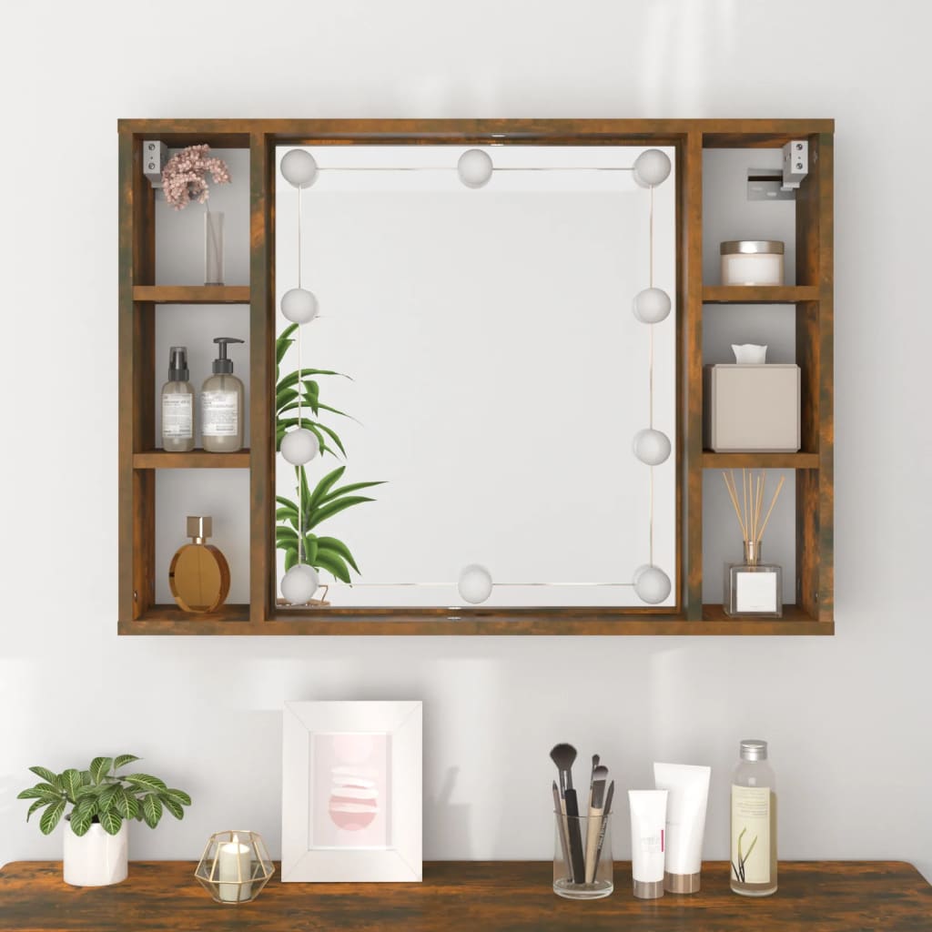 Cabinet with mirror and LED, smoky oak, 76x15x55 cm