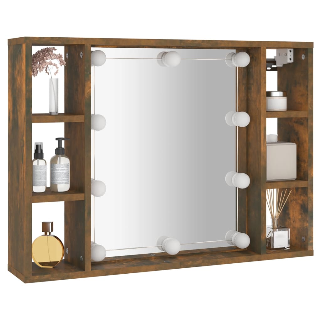 Cabinet with mirror and LED, smoky oak, 76x15x55 cm