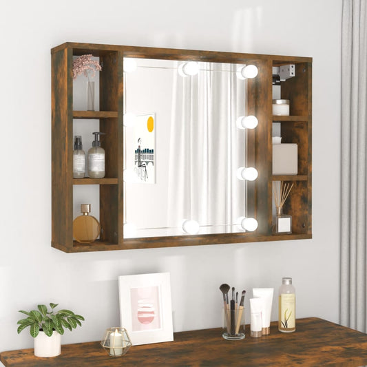 Cabinet with mirror and LED, smoky oak, 76x15x55 cm